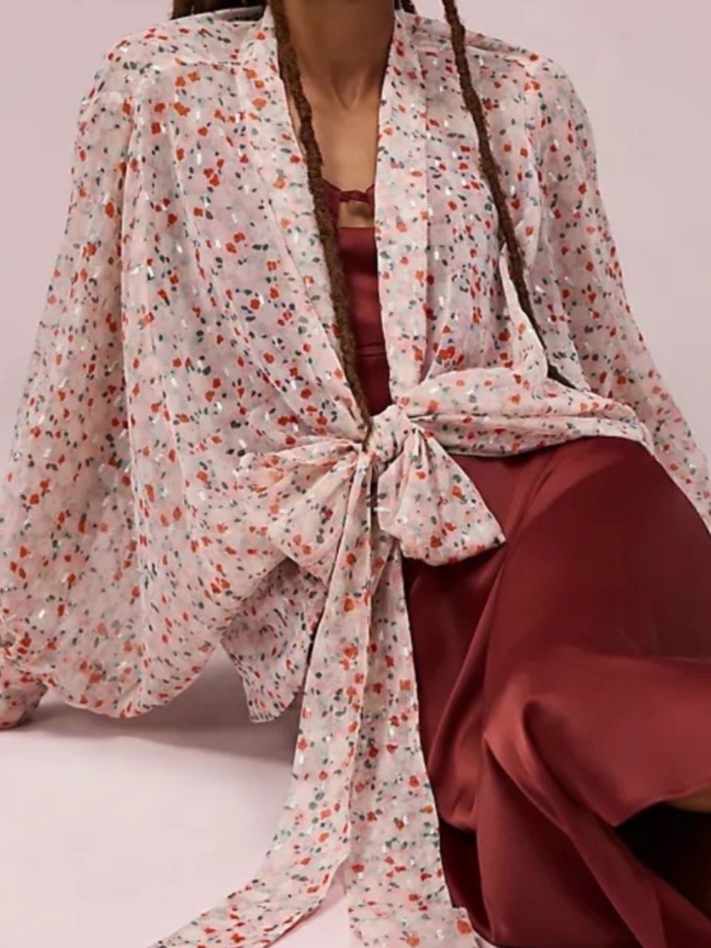 NWT Pilcro (Anthropologie) Sheer Blush Floral Tie-Front Kimono (one size)